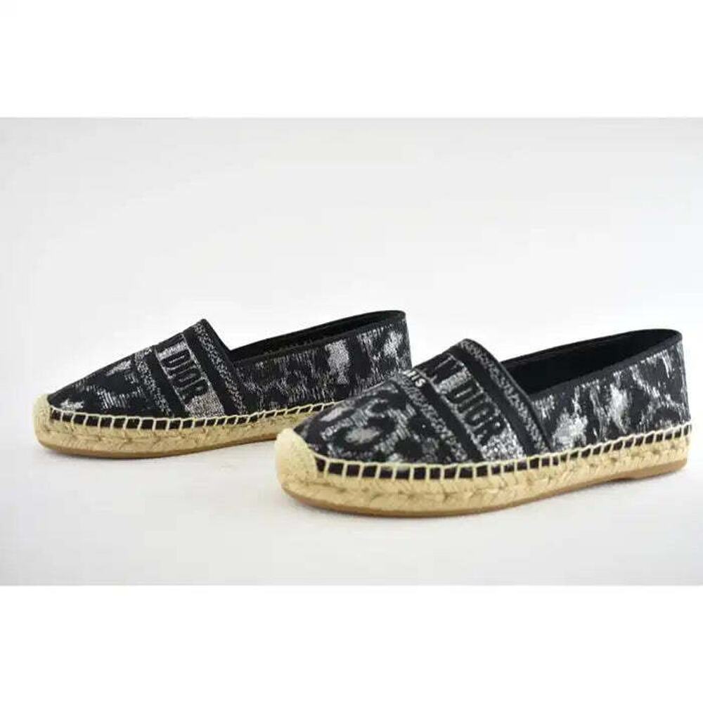 Dior Granville Mizza Lurex Embroidered Black Grey Silver Logo Espadrille Flat 37 - Picture 10 of 12